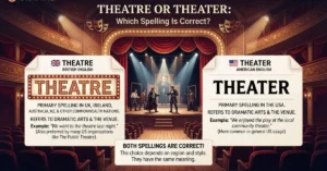 Read more about the article Theatre or Theater: Which Spelling Is Correct?<p class="post-updated-date">🕓 <span class="updated-label">Last updated on</span> <time datetime="2026-09-01T06:18:23+00:00">September 1, 2026</time></p><script type="application/ld+json">
        {
          "@context": "https://schema.org",
          "@type": "BlogPosting",
          "mainEntityOfPage": {
            "@type": "WebPage",
            "@id": "https://grammaredges.com/theatre-or-theater/"
          },
          "datePublished": "2026-09-01T06:18:22+00:00",
          "dateModified": "2026-09-01T06:18:23+00:00"
        }
        </script>