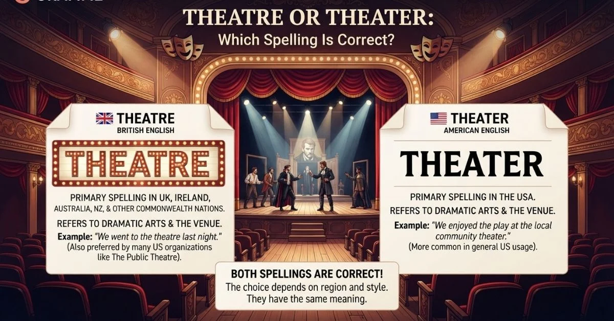 You are currently viewing Theatre or Theater: Which Spelling Is Correct?<p class="post-updated-date">🕓 <span class="updated-label">Last updated on</span> <time datetime="2026-09-01T06:18:23+00:00">September 1, 2026</time></p><script type="application/ld+json">
        {
          "@context": "https://schema.org",
          "@type": "BlogPosting",
          "mainEntityOfPage": {
            "@type": "WebPage",
            "@id": "https://grammaredges.com/theatre-or-theater/"
          },
          "datePublished": "2026-09-01T06:18:22+00:00",
          "dateModified": "2026-09-01T06:18:23+00:00"
        }
        </script>