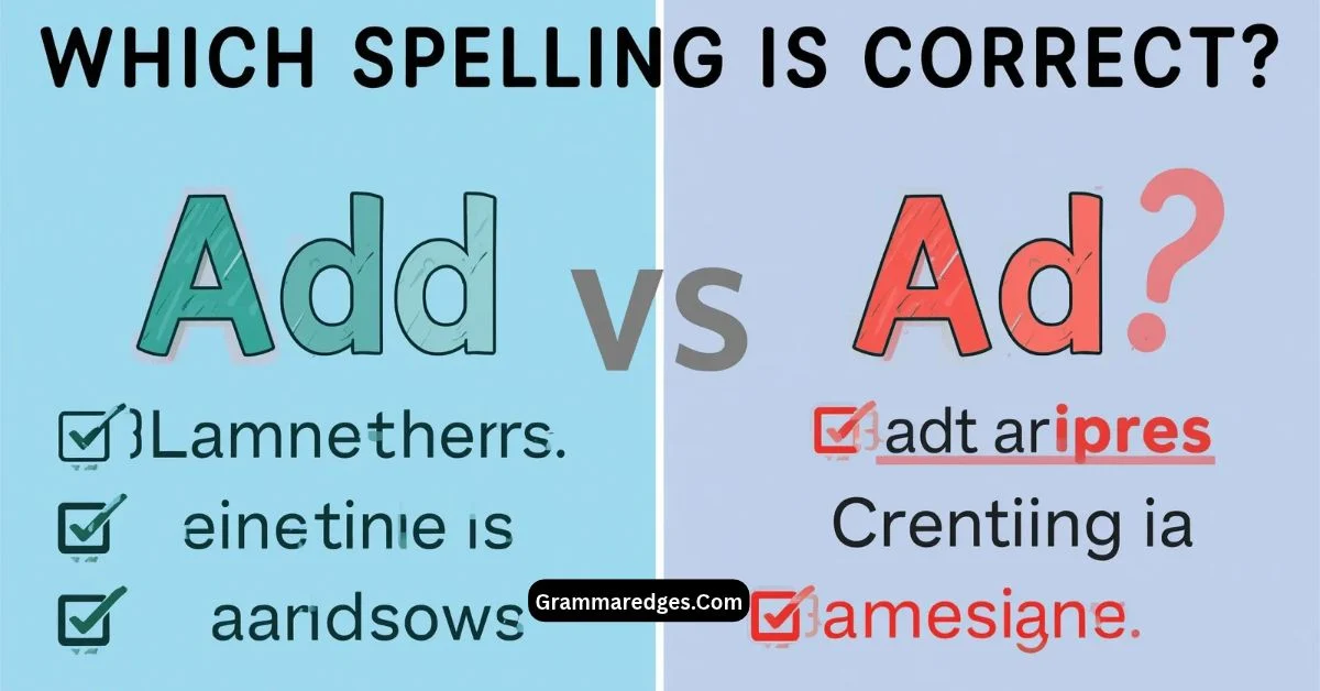 You are currently viewing Add vs Ad: Which Spelling Is Correct?<p class="post-updated-date">🕓 <span class="updated-label">Last updated on</span> <time datetime="2026-09-06T11:11:45+00:00">September 6, 2026</time></p><script type="application/ld+json">
        {
          "@context": "https://schema.org",
          "@type": "BlogPosting",
          "mainEntityOfPage": {
            "@type": "WebPage",
            "@id": "https://grammaredges.com/add-vs-ad-2/"
          },
          "datePublished": "2026-09-06T11:11:44+00:00",
          "dateModified": "2026-09-06T11:11:45+00:00"
        }
        </script>