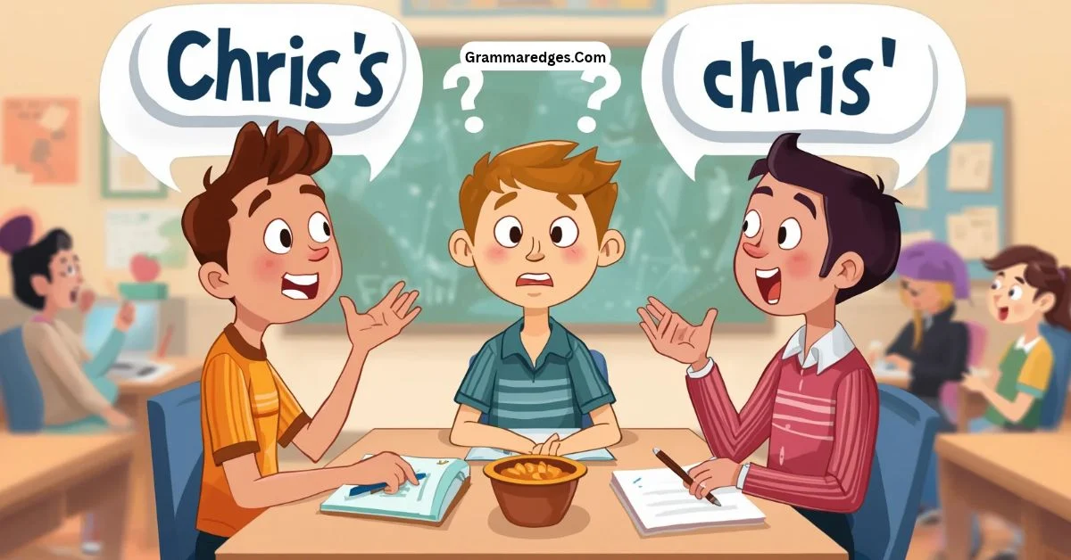 You are currently viewing Chris’s or Chris’: Which Possessive Form Is Correct?<p class="post-updated-date">🕓 <span class="updated-label">Last updated on</span> <time datetime="2026-09-24T18:38:09+00:00">September 24, 2026</time></p><script type="application/ld+json">
        {
          "@context": "https://schema.org",
          "@type": "BlogPosting",
          "mainEntityOfPage": {
            "@type": "WebPage",
            "@id": "https://grammaredges.com/chriss-or-chris/"
          },
          "datePublished": "2026-09-24T18:38:07+00:00",
          "dateModified": "2026-09-24T18:38:09+00:00"
        }
        </script>