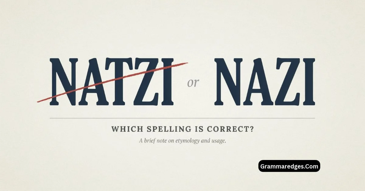 You are currently viewing Natzi or Nazi: Which Spelling Is Correct?<p class="post-updated-date">🕓 <span class="updated-label">Last updated on</span> <time datetime="2026-09-14T06:13:06+00:00">September 14, 2026</time></p><script type="application/ld+json">
        {
          "@context": "https://schema.org",
          "@type": "BlogPosting",
          "mainEntityOfPage": {
            "@type": "WebPage",
            "@id": "https://grammaredges.com/natzi-or-nazi/"
          },
          "datePublished": "2026-09-14T06:13:05+00:00",
          "dateModified": "2026-09-14T06:13:06+00:00"
        }
        </script>