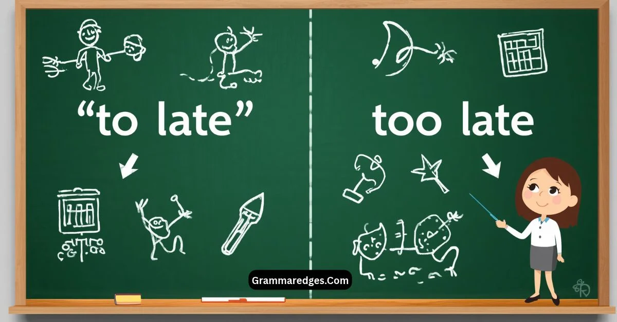 You are currently viewing To Late or Too Late: Which Is Correct?<p class="post-updated-date">🕓 <span class="updated-label">Last updated on</span> <time datetime="2026-09-10T08:13:09+00:00">September 10, 2026</time></p><script type="application/ld+json">
        {
          "@context": "https://schema.org",
          "@type": "BlogPosting",
          "mainEntityOfPage": {
            "@type": "WebPage",
            "@id": "https://grammaredges.com/to-late-or-too-late/"
          },
          "datePublished": "2026-09-10T07:57:19+00:00",
          "dateModified": "2026-09-10T08:13:09+00:00"
        }
        </script>
