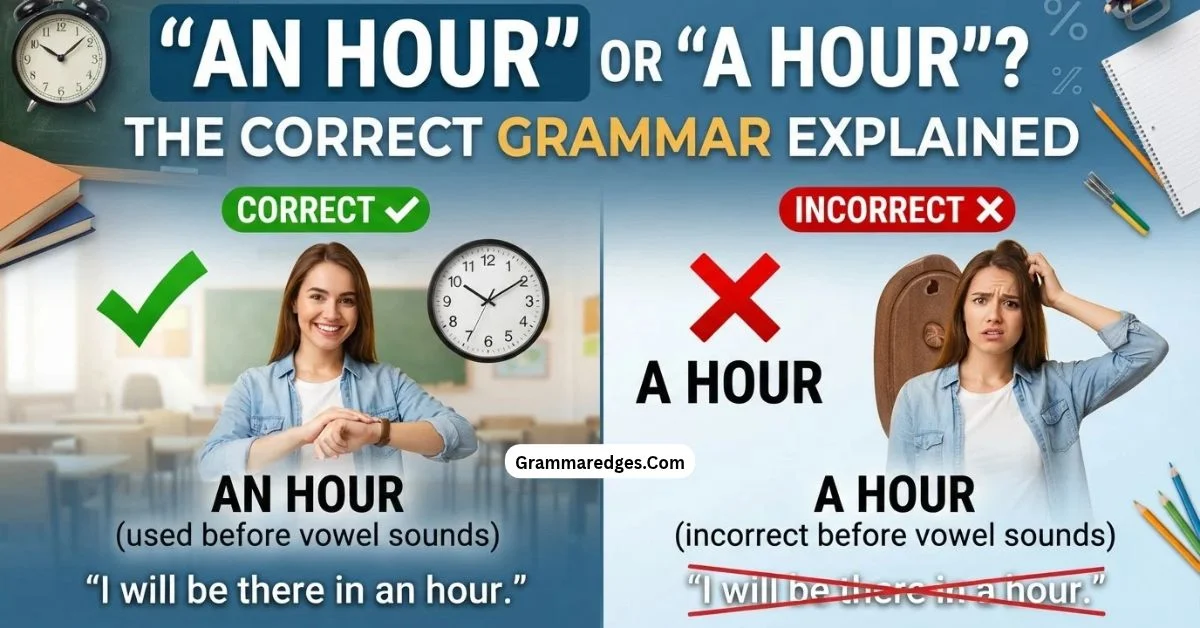 You are currently viewing An Hour or A Hour? The Correct Grammar Explained<p class="post-updated-date">🕓 <span class="updated-label">Last updated on</span> <time datetime="2026-10-17T05:42:24+00:00">October 17, 2026</time></p><script type="application/ld+json">
        {
          "@context": "https://schema.org",
          "@type": "BlogPosting",
          "mainEntityOfPage": {
            "@type": "WebPage",
            "@id": "https://grammaredges.com/an-hour-or-a-hour/"
          },
          "datePublished": "2026-10-17T05:42:23+00:00",
          "dateModified": "2026-10-17T05:42:24+00:00"
        }
        </script>