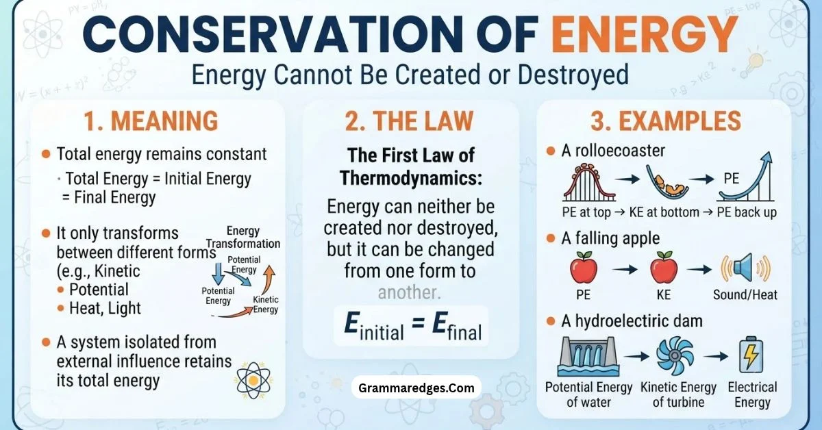 You are currently viewing Energy Cannot Be Created or Destroyed: Meaning, Law, and Examples<p class="post-updated-date">🕓 <span class="updated-label">Last updated on</span> <time datetime="2026-10-17T04:53:30+00:00">October 17, 2026</time></p><script type="application/ld+json">
        {
          "@context": "https://schema.org",
          "@type": "BlogPosting",
          "mainEntityOfPage": {
            "@type": "WebPage",
            "@id": "https://grammaredges.com/energy-cannot-be-created-or-destroyed/"
          },
          "datePublished": "2026-10-17T04:53:29+00:00",
          "dateModified": "2026-10-17T04:53:30+00:00"
        }
        </script>