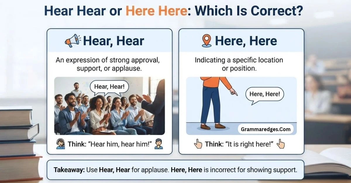 You are currently viewing Hear Hear or Here Here? The Correct Spelling Revealed<p class="post-updated-date">🕓 <span class="updated-label">Last updated on</span> <time datetime="2026-10-17T05:30:37+00:00">October 17, 2026</time></p><script type="application/ld+json">
        {
          "@context": "https://schema.org",
          "@type": "BlogPosting",
          "mainEntityOfPage": {
            "@type": "WebPage",
            "@id": "https://grammaredges.com/hear-hear-or-here-here/"
          },
          "datePublished": "2026-10-17T05:30:36+00:00",
          "dateModified": "2026-10-17T05:30:37+00:00"
        }
        </script>