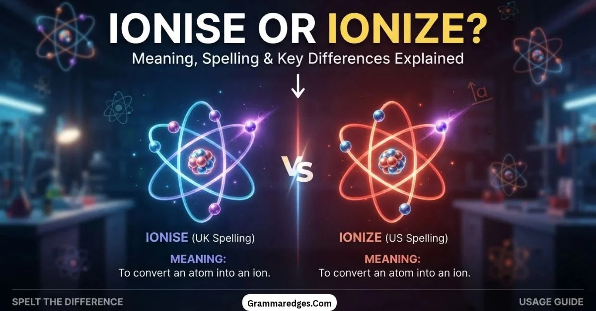 You are currently viewing Ionise or Ionize: Meaning, Spelling, and Key Differences<p class="post-updated-date">🕓 <span class="updated-label">Last updated on</span> <time datetime="2026-10-18T07:46:26+00:00">October 18, 2026</time></p><script type="application/ld+json">
        {
          "@context": "https://schema.org",
          "@type": "BlogPosting",
          "mainEntityOfPage": {
            "@type": "WebPage",
            "@id": "https://grammaredges.com/ionise-or-ionize/"
          },
          "datePublished": "2026-10-18T07:46:25+00:00",
          "dateModified": "2026-10-18T07:46:26+00:00"
        }
        </script>