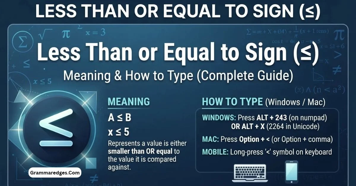 You are currently viewing Less Than or Equal to Sign (≤): Meaning & How to Type<p class="post-updated-date">🕓 <span class="updated-label">Last updated on</span> <time datetime="2026-10-14T04:46:22+00:00">October 14, 2026</time></p><script type="application/ld+json">
        {
          "@context": "https://schema.org",
          "@type": "BlogPosting",
          "mainEntityOfPage": {
            "@type": "WebPage",
            "@id": "https://grammaredges.com/less-than-or-equal-to-sign/"
          },
          "datePublished": "2026-10-14T04:46:21+00:00",
          "dateModified": "2026-10-14T04:46:22+00:00"
        }
        </script>