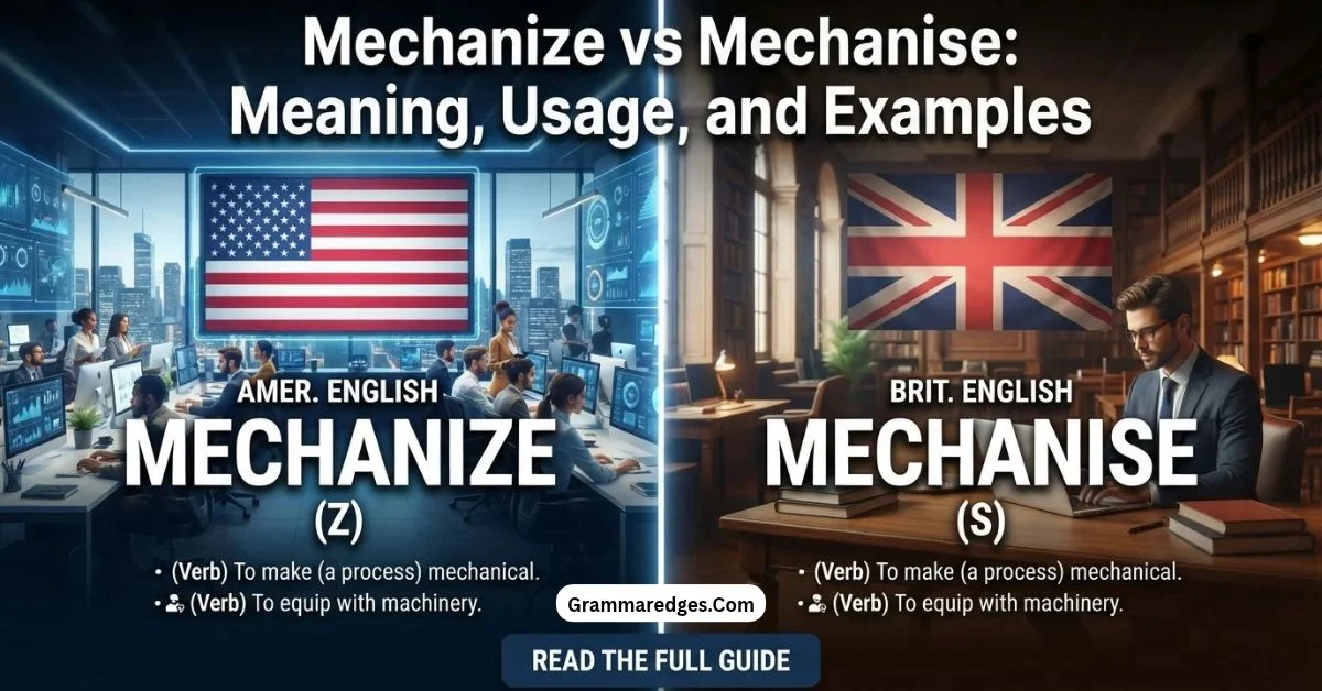 You are currently viewing Mechanize vs Mechanise: Meaning, Usage, and Examples<p class="post-updated-date">🕓 <span class="updated-label">Last updated on</span> <time datetime="2026-10-20T06:38:41+00:00">October 20, 2026</time></p><script type="application/ld+json">
        {
          "@context": "https://schema.org",
          "@type": "BlogPosting",
          "mainEntityOfPage": {
            "@type": "WebPage",
            "@id": "https://grammaredges.com/mechanize-vs-mechanise/"
          },
          "datePublished": "2026-10-20T06:38:40+00:00",
          "dateModified": "2026-10-20T06:38:41+00:00"
        }
        </script>