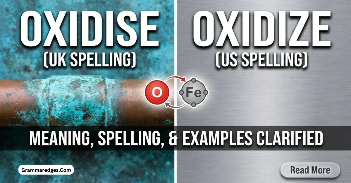 You are currently viewing Oxidise or Oxidize? The Correct Spelling Explained<p class="post-updated-date">🕓 <span class="updated-label">Last updated on</span> <time datetime="2026-10-18T07:31:49+00:00">October 18, 2026</time></p><script type="application/ld+json">
        {
          "@context": "https://schema.org",
          "@type": "BlogPosting",
          "mainEntityOfPage": {
            "@type": "WebPage",
            "@id": "https://grammaredges.com/oxidise-or-oxidize/"
          },
          "datePublished": "2026-10-18T07:31:48+00:00",
          "dateModified": "2026-10-18T07:31:49+00:00"
        }
        </script>