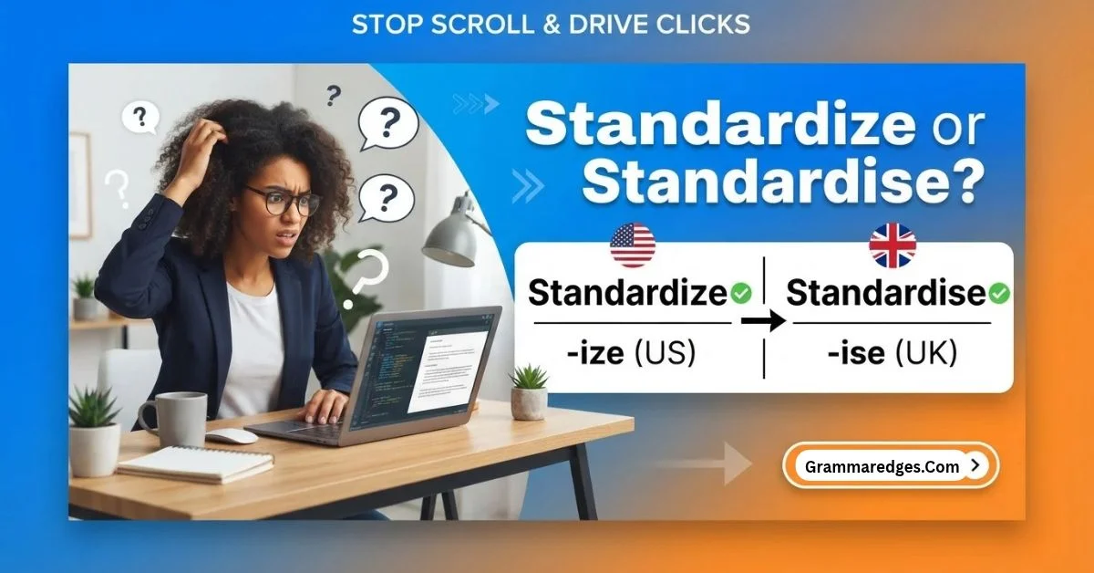 You are currently viewing Standardize or Standardise? The Correct Spelling Explained<p class="post-updated-date">🕓 <span class="updated-label">Last updated on</span> <time datetime="2026-10-20T07:42:04+00:00">October 20, 2026</time></p><script type="application/ld+json">
        {
          "@context": "https://schema.org",
          "@type": "BlogPosting",
          "mainEntityOfPage": {
            "@type": "WebPage",
            "@id": "https://grammaredges.com/standardize-vs-standardise/"
          },
          "datePublished": "2026-10-20T07:42:03+00:00",
          "dateModified": "2026-10-20T07:42:04+00:00"
        }
        </script>