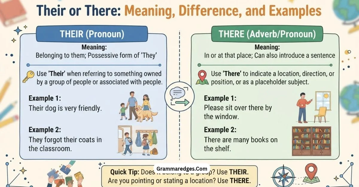 You are currently viewing Their or There: Meaning, Difference, and Examples<p class="post-updated-date">🕓 <span class="updated-label">Last updated on</span> <time datetime="2026-10-17T05:08:12+00:00">October 17, 2026</time></p><script type="application/ld+json">
        {
          "@context": "https://schema.org",
          "@type": "BlogPosting",
          "mainEntityOfPage": {
            "@type": "WebPage",
            "@id": "https://grammaredges.com/their-or-there/"
          },
          "datePublished": "2026-10-17T05:08:11+00:00",
          "dateModified": "2026-10-17T05:08:12+00:00"
        }
        </script>